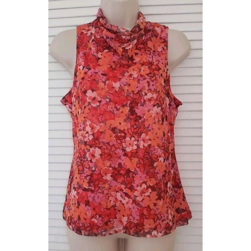 NWT VINCE CAMUTO FLORAL RED MESH  SLEEVELESS MOCK NECK TOP SZ XL